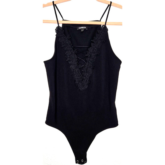 Vintage Y2K Express Bodysuit Medium Black Ribbed Lace Up Embroidered Dark Fairy - Picture 2 of 9